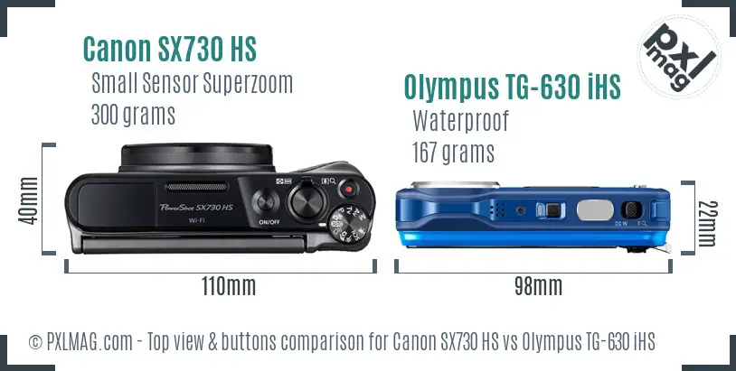 Canon SX730 HS vs Olympus TG-630 iHS top view buttons comparison Canon SX730 HS vs Olympus TG-630 iHS top view buttons comparison