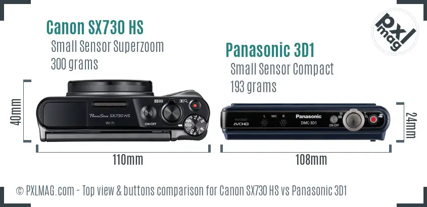 Canon SX730 HS vs Panasonic 3D1 top view buttons comparison