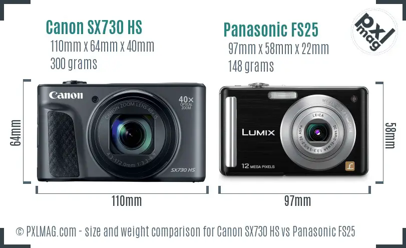 Canon SX730 HS vs Panasonic FS25 size comparison