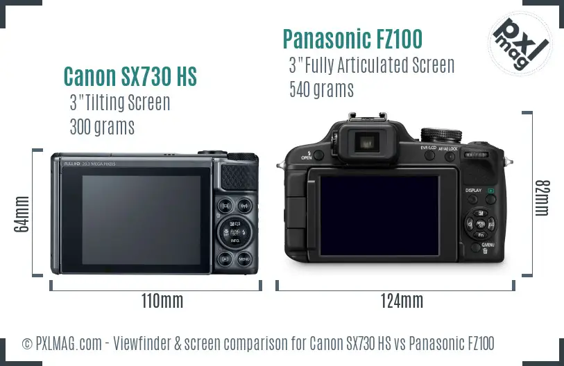Canon SX730 HS vs Panasonic FZ100 Screen and Viewfinder comparison