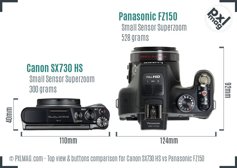 Canon SX730 HS vs Panasonic FZ150 top view buttons comparison Canon SX730 HS vs Panasonic FZ150 top view buttons comparison