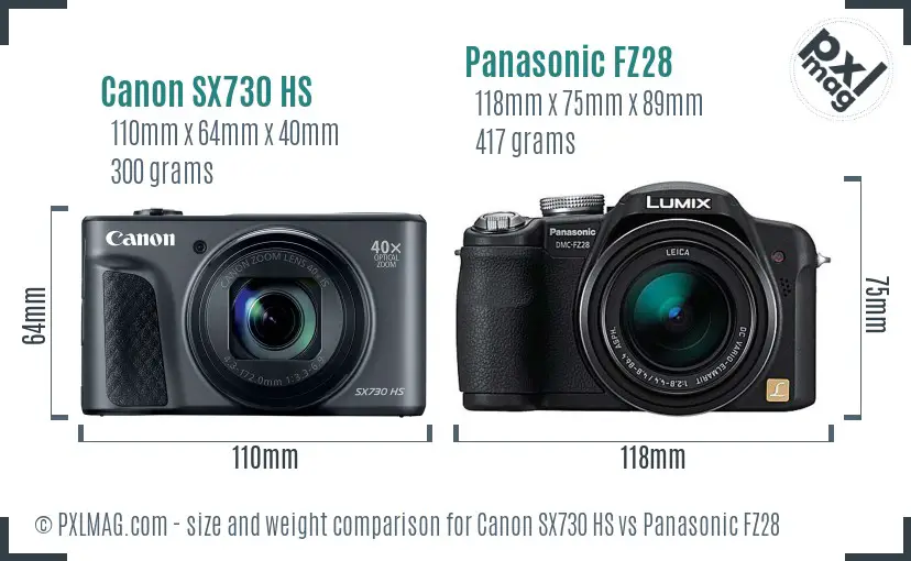 Canon SX730 HS vs Panasonic FZ28 size comparison