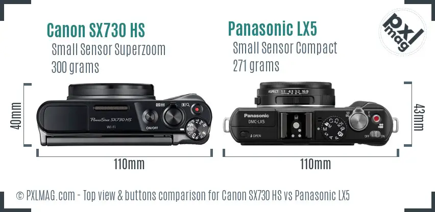 Canon SX730 HS vs Panasonic LX5 top view buttons comparison Canon SX730 HS vs Panasonic LX5 top view buttons comparison