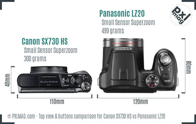 Canon SX730 HS vs Panasonic LZ20 top view buttons comparison Canon SX730 HS vs Panasonic LZ20 top view buttons comparison