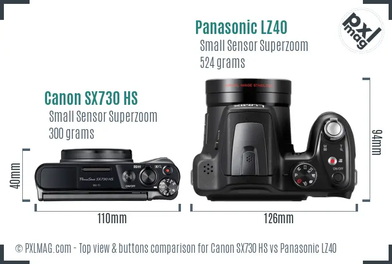 Canon SX730 HS vs Panasonic LZ40 top view buttons comparison Canon SX730 HS vs Panasonic LZ40 top view buttons comparison