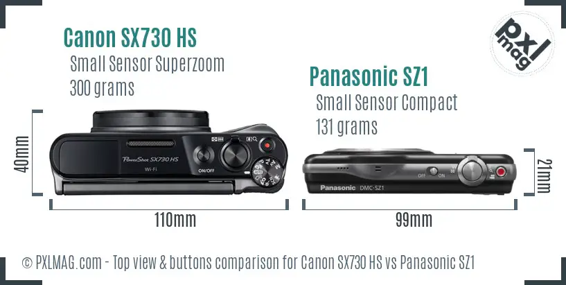Canon SX730 HS vs Panasonic SZ1 top view buttons comparison Canon SX730 HS vs Panasonic SZ1 top view buttons comparison