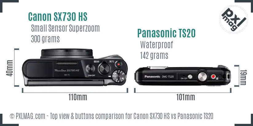 Canon SX730 HS vs Panasonic TS20 top view buttons comparison Canon SX730 HS vs Panasonic TS20 top view buttons comparison