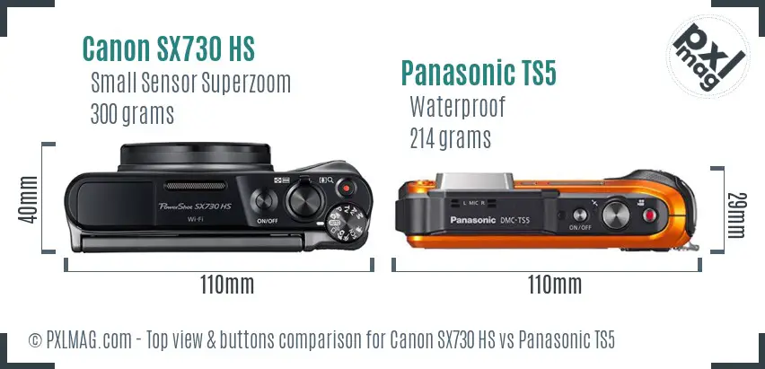 Canon SX730 HS vs Panasonic TS5 top view buttons comparison