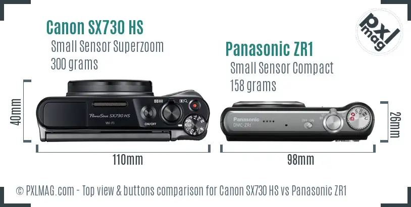 Canon SX730 HS vs Panasonic ZR1 top view buttons comparison Canon SX730 HS vs Panasonic ZR1 top view buttons comparison
