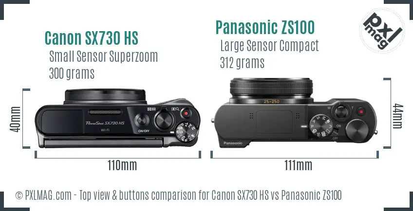 Canon SX730 HS vs Panasonic ZS100 top view buttons comparison