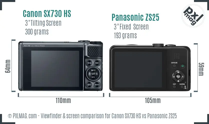 Canon SX730 HS vs Panasonic ZS25 Screen and Viewfinder comparison
