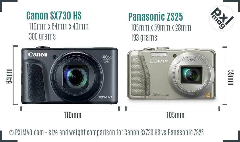 Canon SX730 HS vs Panasonic ZS25 size comparison
