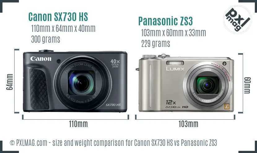 Canon SX730 HS vs Panasonic ZS3 size comparison