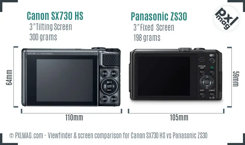 Canon SX730 HS vs Panasonic ZS30 Screen and Viewfinder comparison