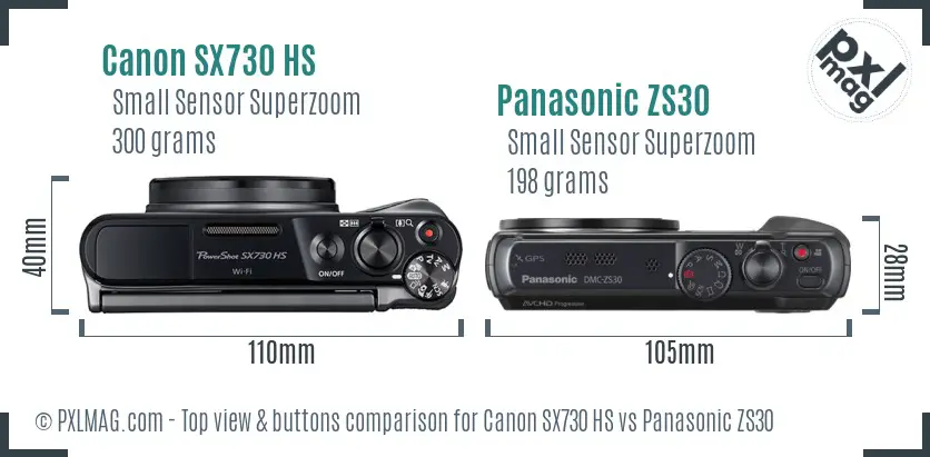 Canon SX730 HS vs Panasonic ZS30 top view buttons comparison