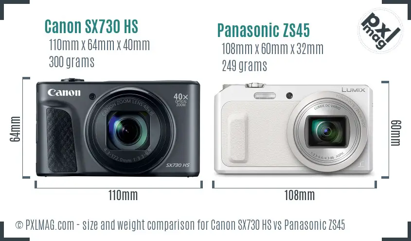 Canon SX730 HS vs Panasonic ZS45 size comparison