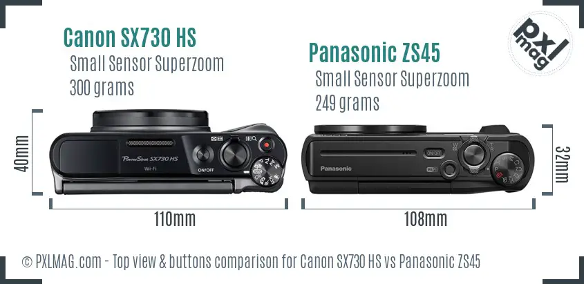 Canon SX730 HS vs Panasonic ZS45 top view buttons comparison