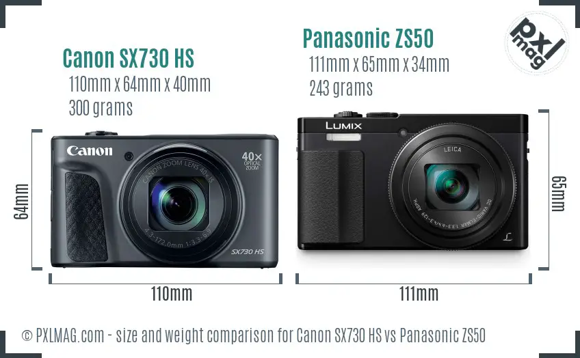 Canon SX730 HS vs Panasonic ZS50 size comparison