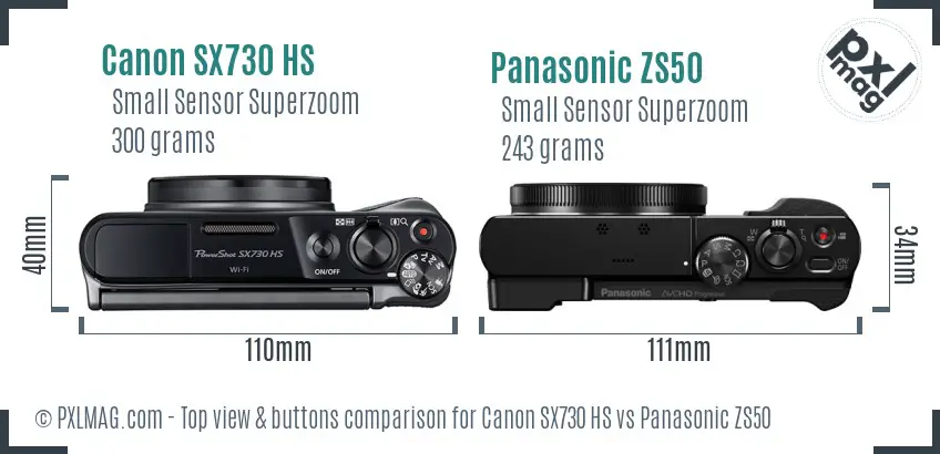 Canon SX730 HS vs Panasonic ZS50 top view buttons comparison