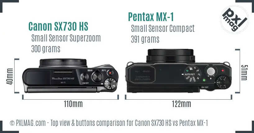 Canon SX730 HS vs Pentax MX-1 top view buttons comparison
