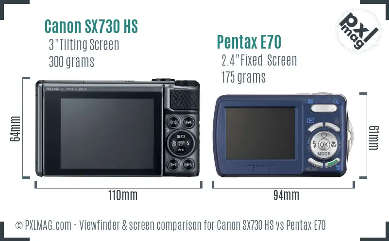 Canon SX730 HS vs Pentax E70 Screen and Viewfinder comparison