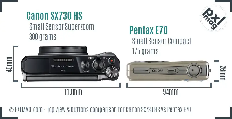 Canon SX730 HS vs Pentax E70 top view buttons comparison