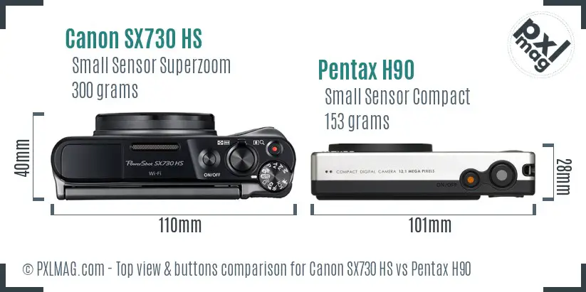 Canon SX730 HS vs Pentax H90 top view buttons comparison