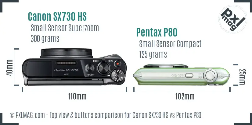 Canon SX730 HS vs Pentax P80 top view buttons comparison