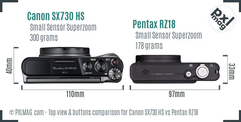 Canon SX730 HS vs Pentax RZ18 top view buttons comparison