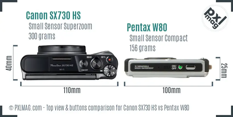 Canon SX730 HS vs Pentax W80 top view buttons comparison Canon SX730 HS vs Pentax W80 top view buttons comparison