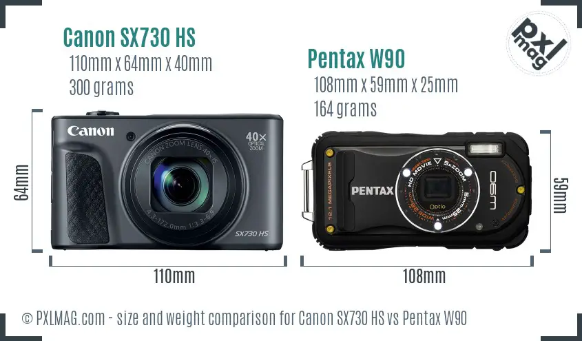 Canon SX730 HS vs Pentax W90 size comparison