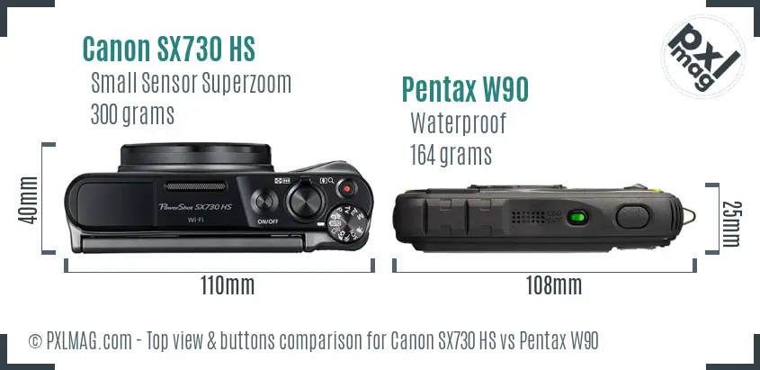 Canon SX730 HS vs Pentax W90 top view buttons comparison