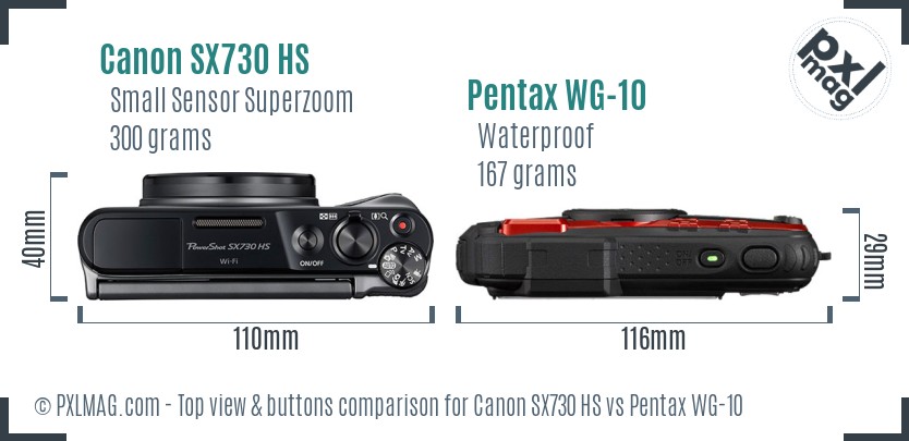 Canon SX730 HS vs Pentax WG-10 top view buttons comparison