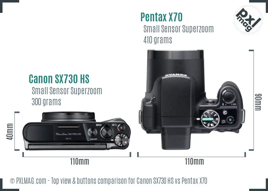 Canon SX730 HS vs Pentax X70 top view buttons comparison