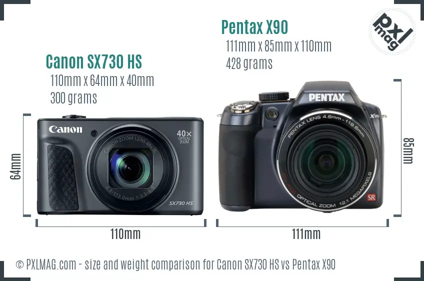 Canon SX730 HS vs Pentax X90 size comparison