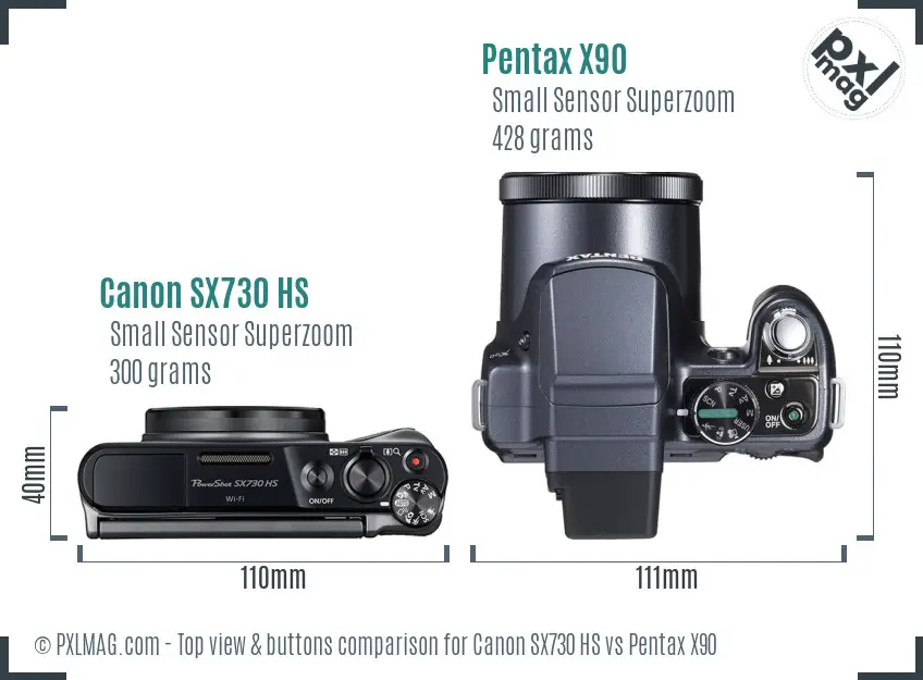 Canon SX730 HS vs Pentax X90 top view buttons comparison