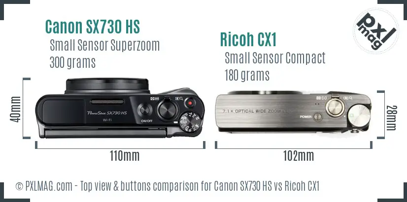 Canon SX730 HS vs Ricoh CX1 top view buttons comparison Canon SX730 HS vs Ricoh CX1 top view buttons comparison