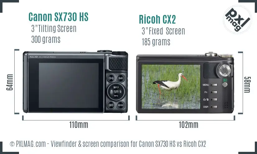 Canon SX730 HS vs Ricoh CX2 Screen and Viewfinder comparison