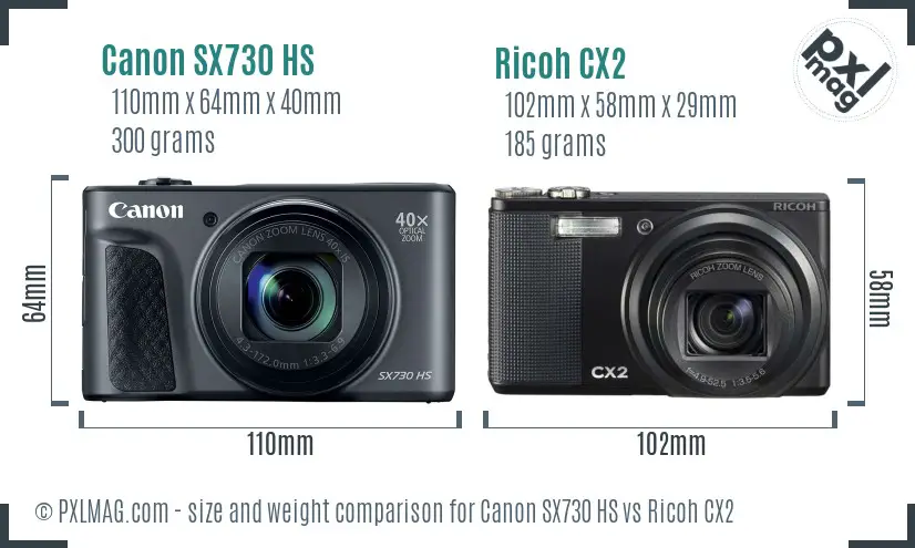 Canon SX730 HS vs Ricoh CX2 size comparison