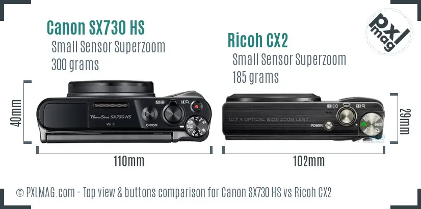 Canon SX730 HS vs Ricoh CX2 top view buttons comparison