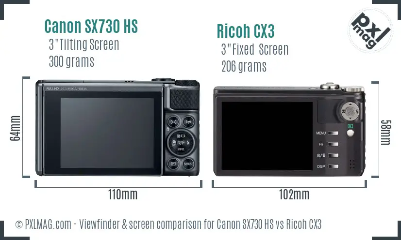 Canon SX730 HS vs Ricoh CX3 Screen and Viewfinder comparison