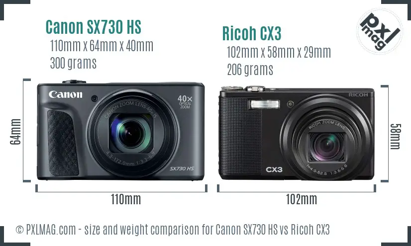 Canon SX730 HS vs Ricoh CX3 size comparison