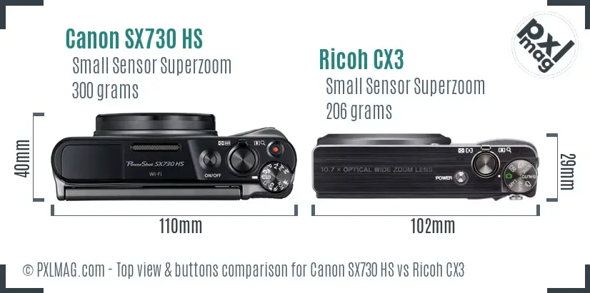 Canon SX730 HS vs Ricoh CX3 top view buttons comparison