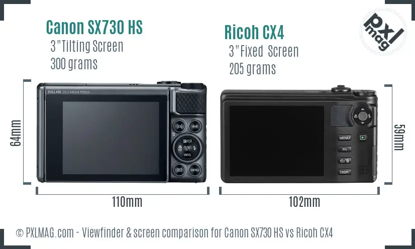 Canon SX730 HS vs Ricoh CX4 Screen and Viewfinder comparison