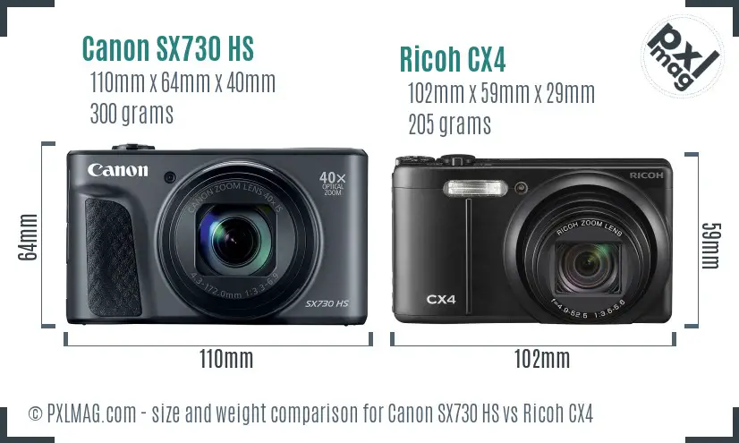 Canon SX730 HS vs Ricoh CX4 size comparison