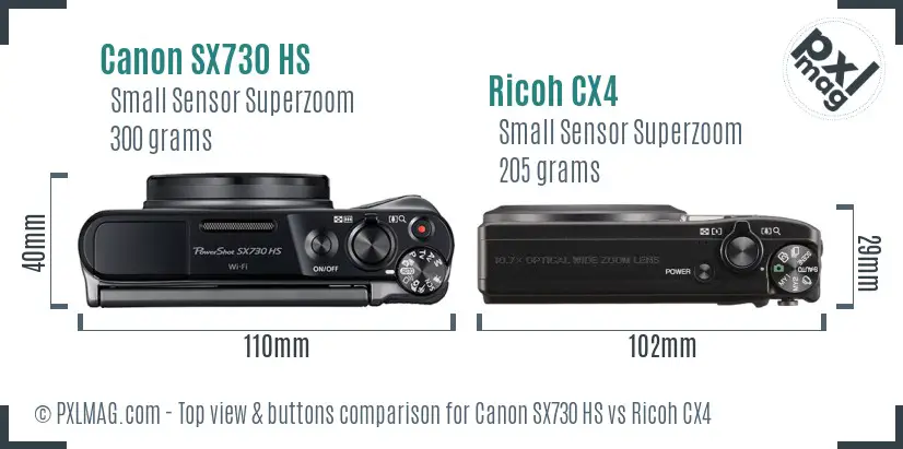 Canon SX730 HS vs Ricoh CX4 top view buttons comparison