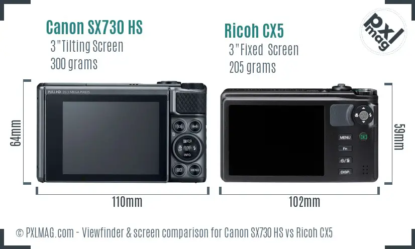 Canon SX730 HS vs Ricoh CX5 Screen and Viewfinder comparison