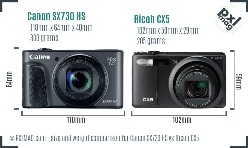 Canon SX730 HS vs Ricoh CX5 size comparison