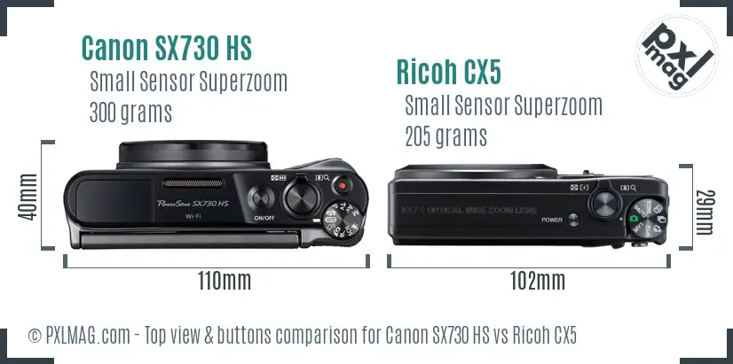 Canon SX730 HS vs Ricoh CX5 top view buttons comparison