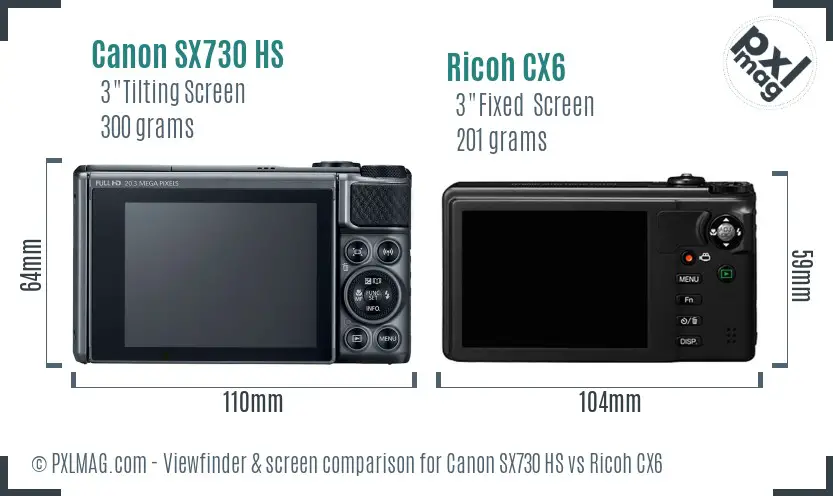 Canon SX730 HS vs Ricoh CX6 Screen and Viewfinder comparison